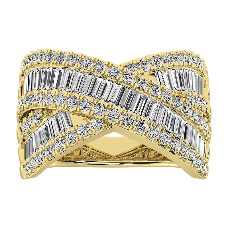 ladies rings for casual wear-14K Yellow Gold 1 1/2 Ct.Tw. Diamond Round and Baguette Crossover Ring