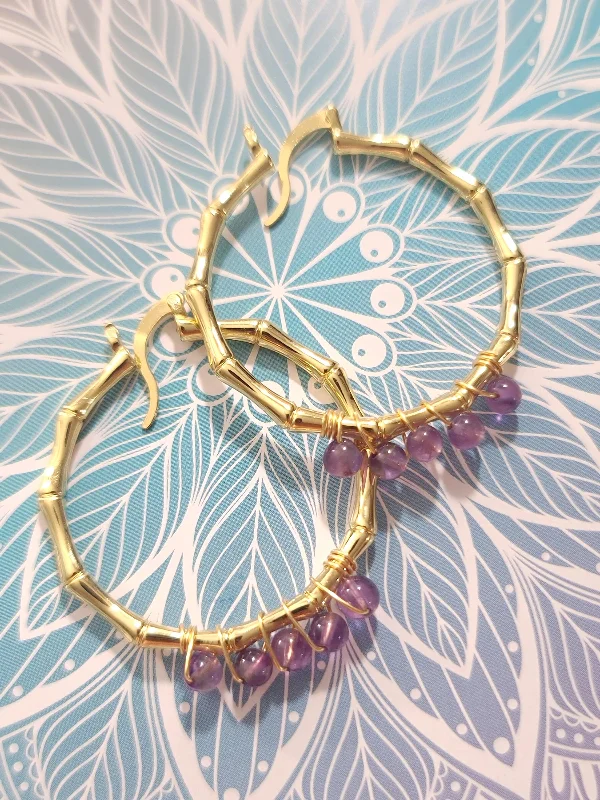 unique ladies earrings-Amethyst Bamboo Hoop Earrings