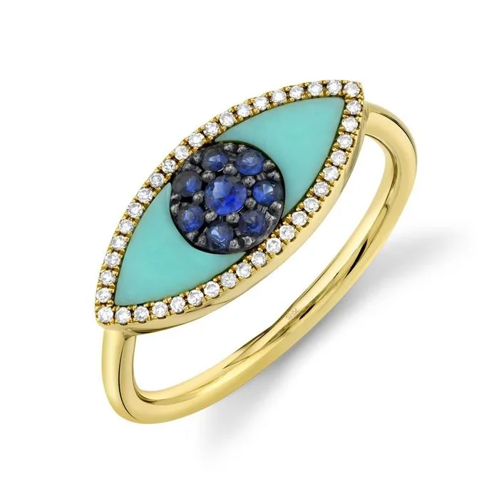 simple gold ladies rings-14K Yellow Gold Diamond & Blue Sapphire + Turquoise Eye Ring