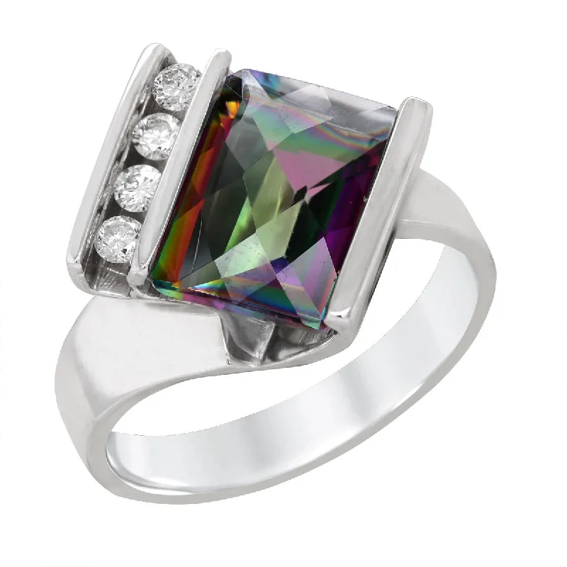 designer ladies rings-WHITE GOLD RING WITH FANCY MYSTIC TOPAZ AND DIAMONDS, 1/5 CT TW