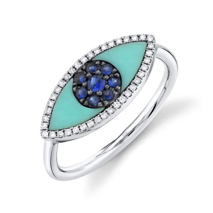 ladies rings with white diamonds-14K White Gold Diamond & Blue Sapphire + Turquoise Eye Ring