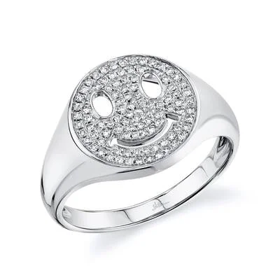 fashion rings for ladies-14K White Gold Pave Diamond Smiley Ring