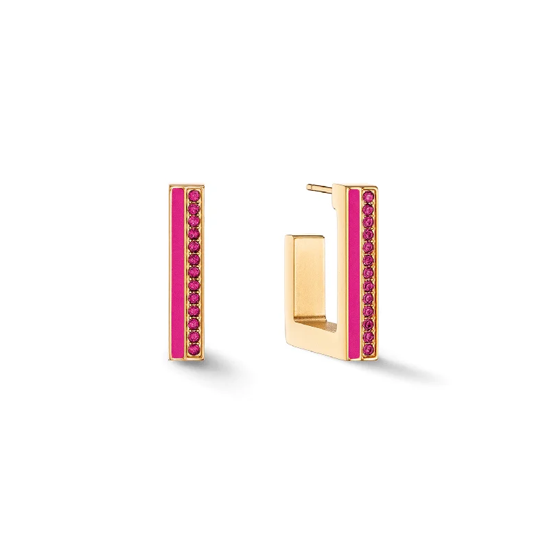 colorful gemstone earrings for ladies-Coeur De Lion Gold and Pink Crystal Stripe Square Hoop Earrings