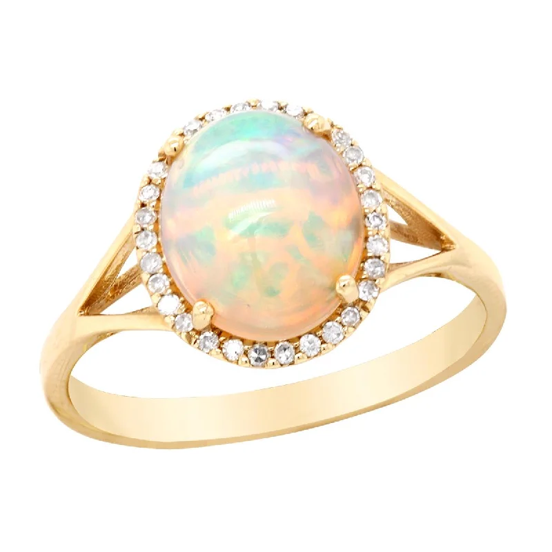 eternity bands for ladies-YELLOW GOLD AND OPAL FASHION RING WITH 30 SIDE DIAMONDS, .10 CT TW