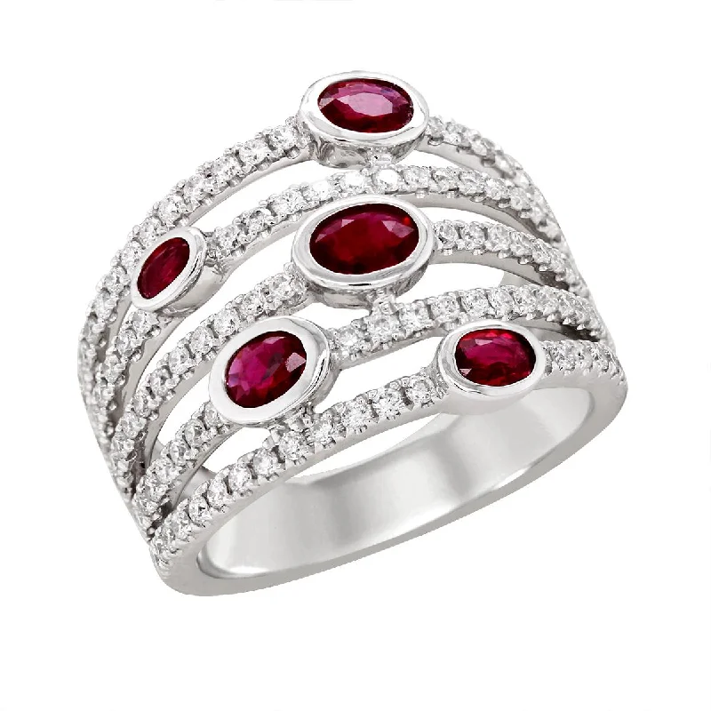 silver stacking rings for ladies-RUBY AND DIAMOND 5-BAND RING, .71 CT TW