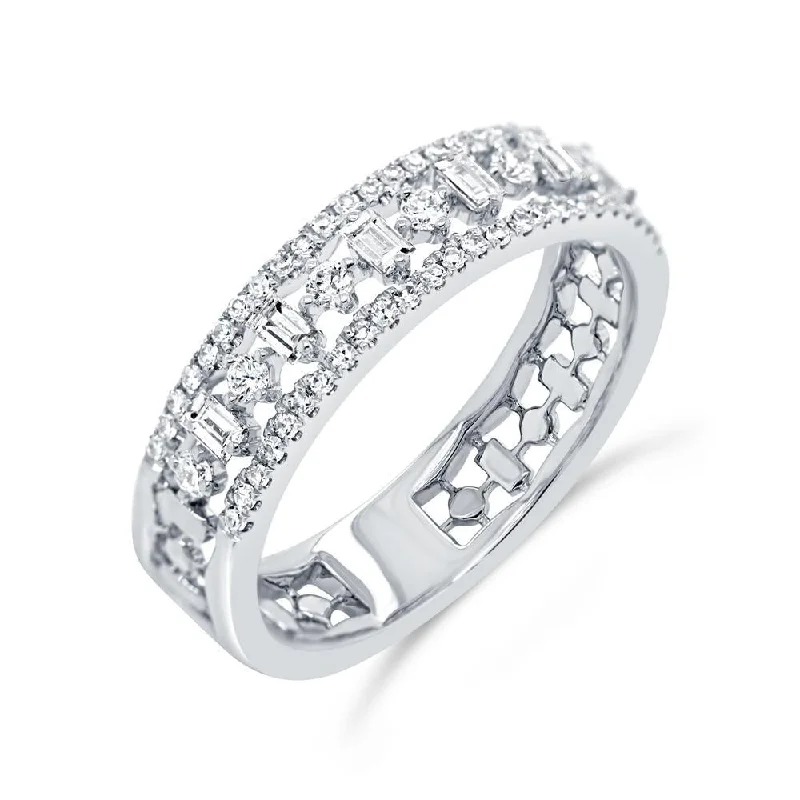 custom ladies rings-14K White Gold Round+Baguette Diamond Band