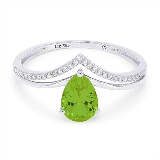 stackable ladies rings-WHITE GOLD FASHION RING WITH PEAR SHAPED PERIDOT CENTER, .06 CT TW