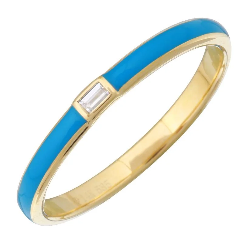 colorful gemstone ladies rings-14k Yellow Gold Blue Enamel & Diamond Ring