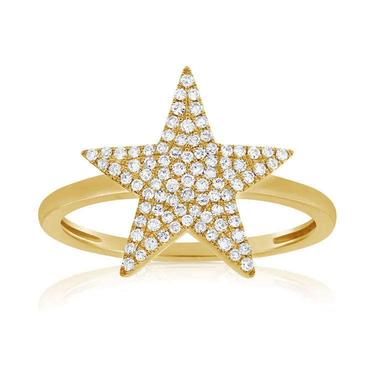 platinum wedding bands for ladies-14K Yellow Gold Diamond Pave Star Ring