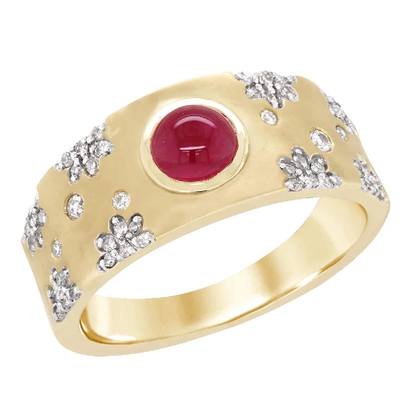 ladies rings with cubic zirconia-YELLOW GOLD FASHION RING WITH CABOCHON RUBY AND 54 ROUND CUT DIAMONDS, 1/5 CT TW