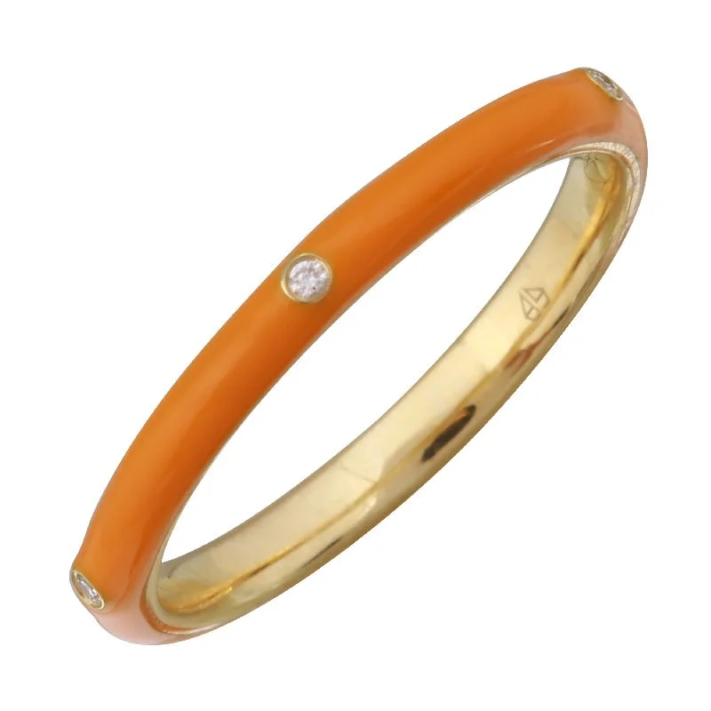 solitaire ladies rings-14k Yellow Gold Orange Enamel & Diamond Ring