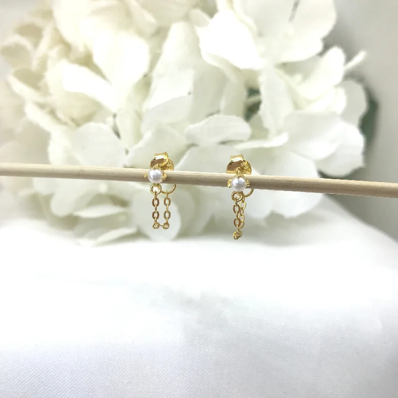 women’s hoop earrings-18k/925 Vermeil Freshwater Pearl with Chain Stud Earrings