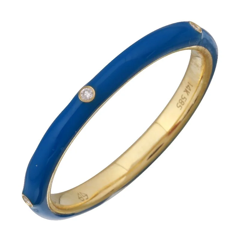 classic gold rings for ladies-14k Yellow Gold Classic Blue Enamel & Diamond Ring