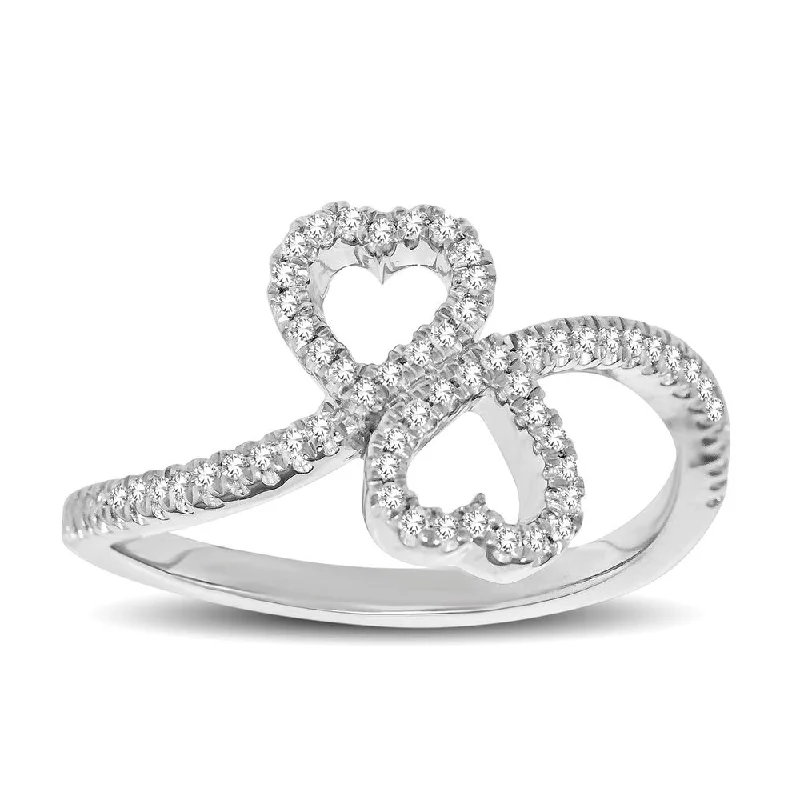 luxury gemstone ladies rings-10K White Gold 1/5 Ctw Diamond Double Heart Ring