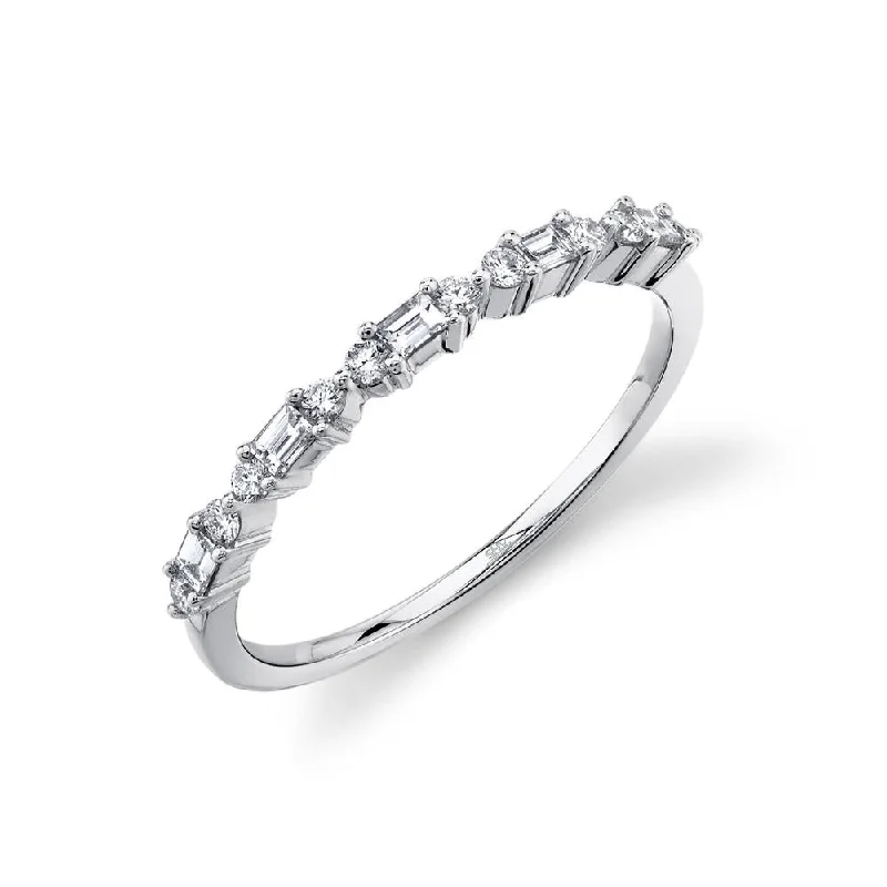 ladies cocktail rings-14K White Gold Round + Baguette Diamond Band