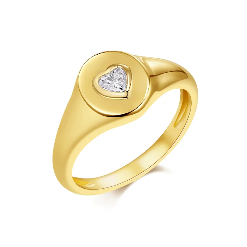 luxury ladies rings-14K Yellow Gold Heart Diamond Oval Signet Ring