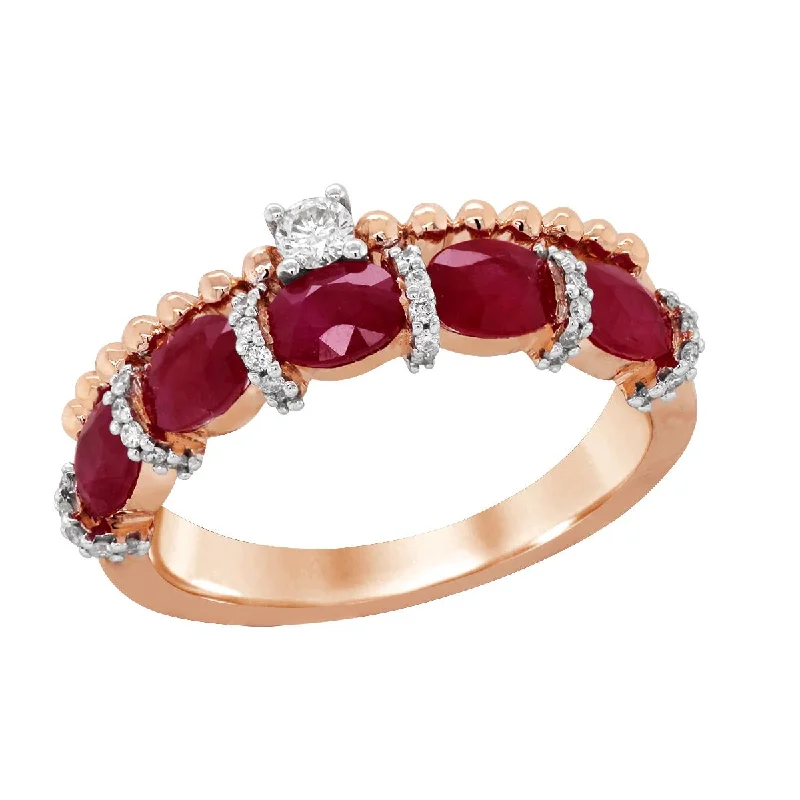 personalized birthstone rings for ladies-ROSE GOLD RING WITH OVAL RUBIES AND SIDE DIAMONDS