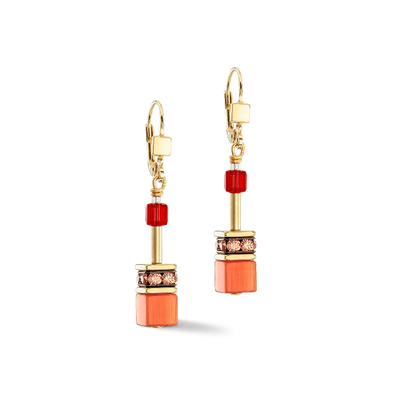 women’s chandelier earrings-Coeur De Lion GeoCUBE® Iconic Gold Red Earrings