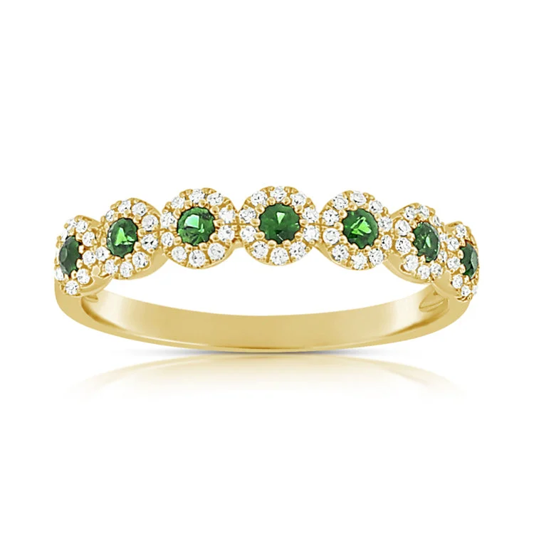 simple ladies rings with diamonds-14K Yellow Diamond Halo + Emerald Band