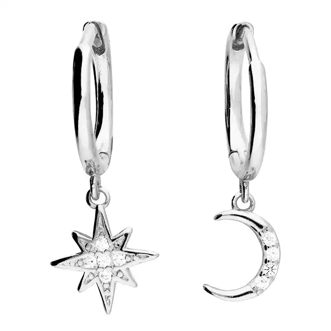 hoop earrings for everyday wear-Sterling Silver Cubic Zirconia Moon and Star Huggie Earrings