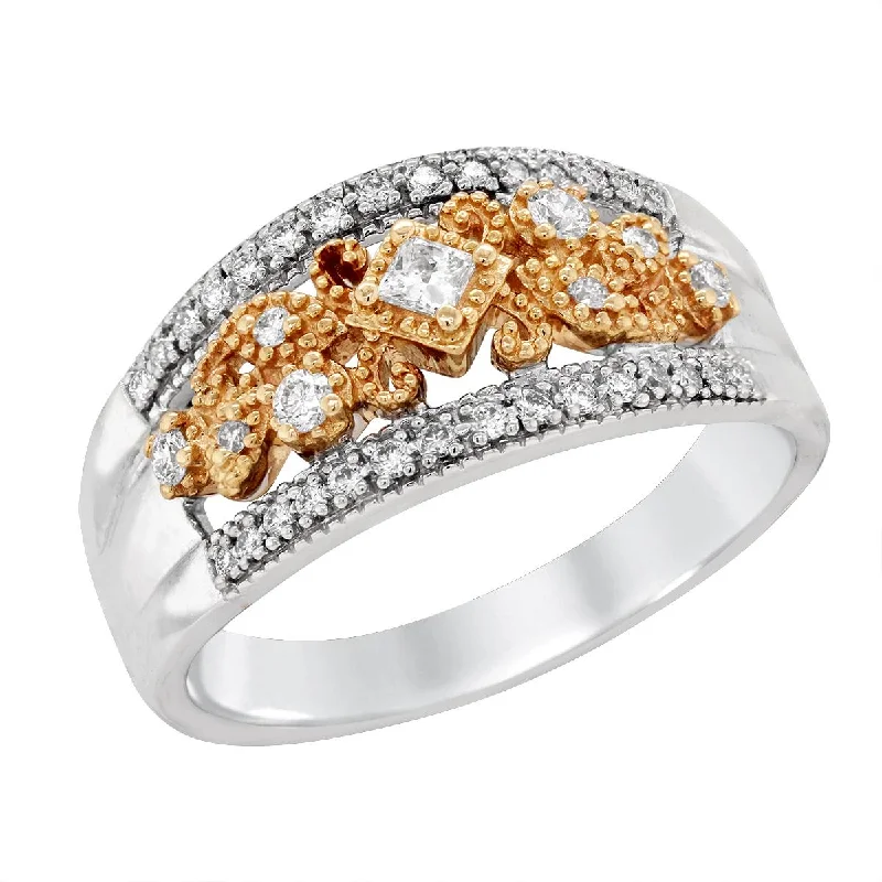 pink sapphire ladies rings-TWO-TONE GOLD RING WITH DIAMONDS AND MILGRAIN TEXTURING, 5/8 CT TW