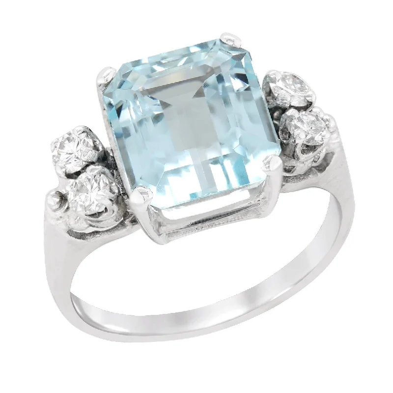 birthstone ladies rings-WHITE GOLD FANCY SHAPED AQUAMARINE STATEMENT RING WITH DIAMONDS, 1/4 CT TW