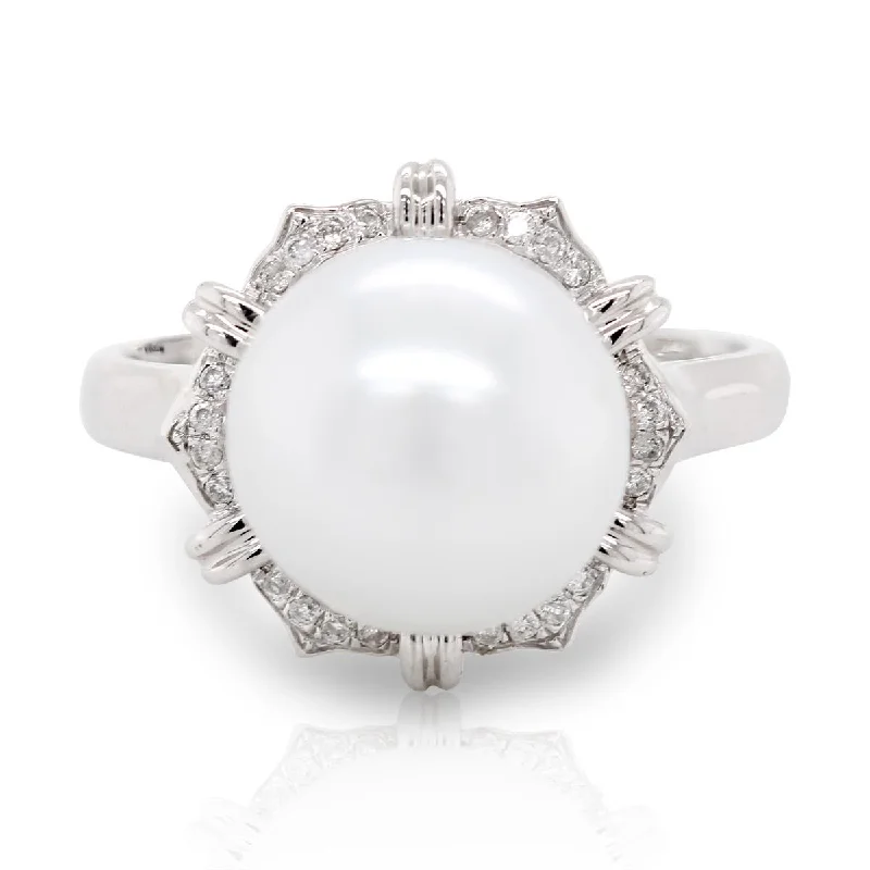 statement ladies rings-WHITE GOLD AND PEARL STATEMENT RING