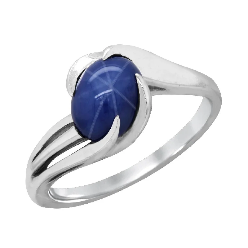 boho style ladies rings-WHITE GOLD BYPASS RING WITH CREATED STAR SAPPHIRE