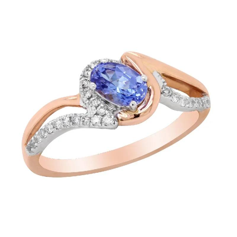 ladies rings with pearls-TWO-TONE GOLD FASHION RING WITH OVAL TANZANITE AND ROUND DIAMONDS, .15 CT TW