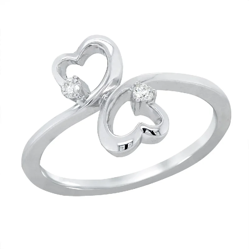 cubic zirconia ladies rings-DOUBLE HEART RING WITH DIAMONDS, 1/10 CT TW