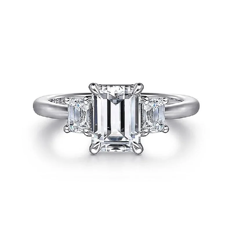 classic ladies engagement rings-14K White Gold 'Stephi' Three Stone Emerald Cut Diamond Engagement Ring