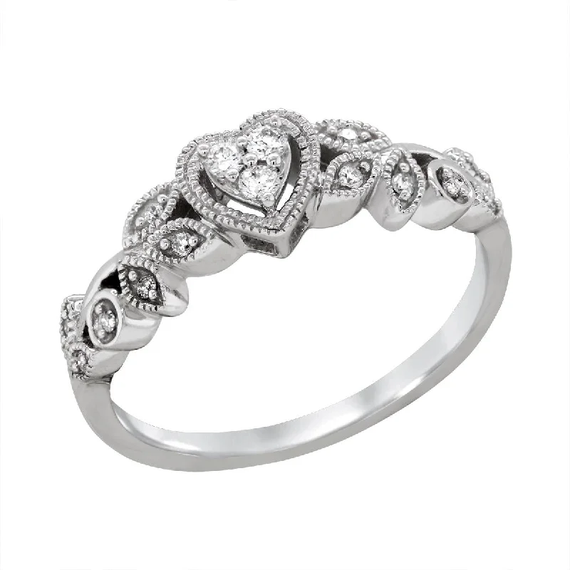 eternity bands for ladies-WHITE GOLD HEART RING WITH DIAMONDS AND MILGRAIN TEXTURING, 1/8 CT TW