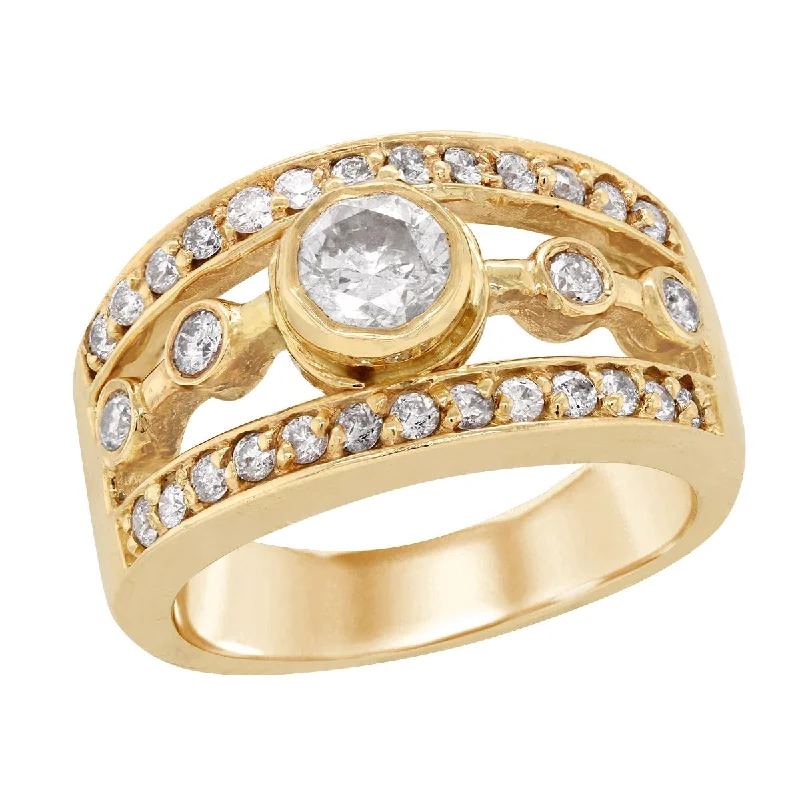 ladies rings with rubies-YELLOW GOLD FASHION RING WITH SPLIT SHANK AND DIAMONDS, 1 5/8 CT TW