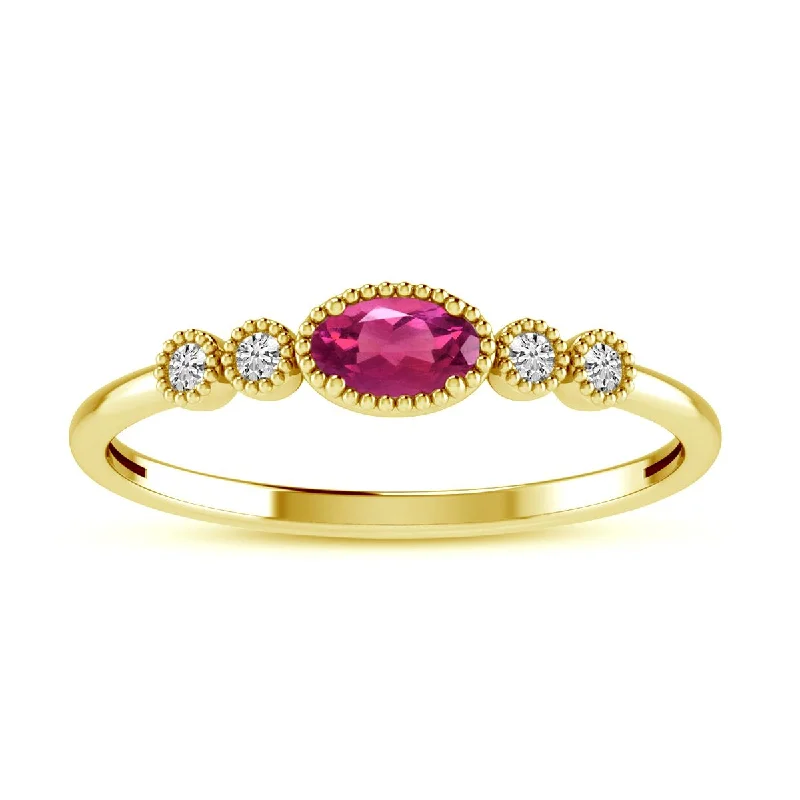 vintage wedding rings for ladies-YELLOW GOLD RING WITH OVAL PINK TOPAZ AND ROUND DIAMONDS, .06 CT TW