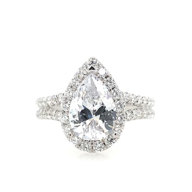 ladies engagement rings with rose-cut diamonds-18K White Gold Split Shank Halo Pear Diamond Engagement Ring