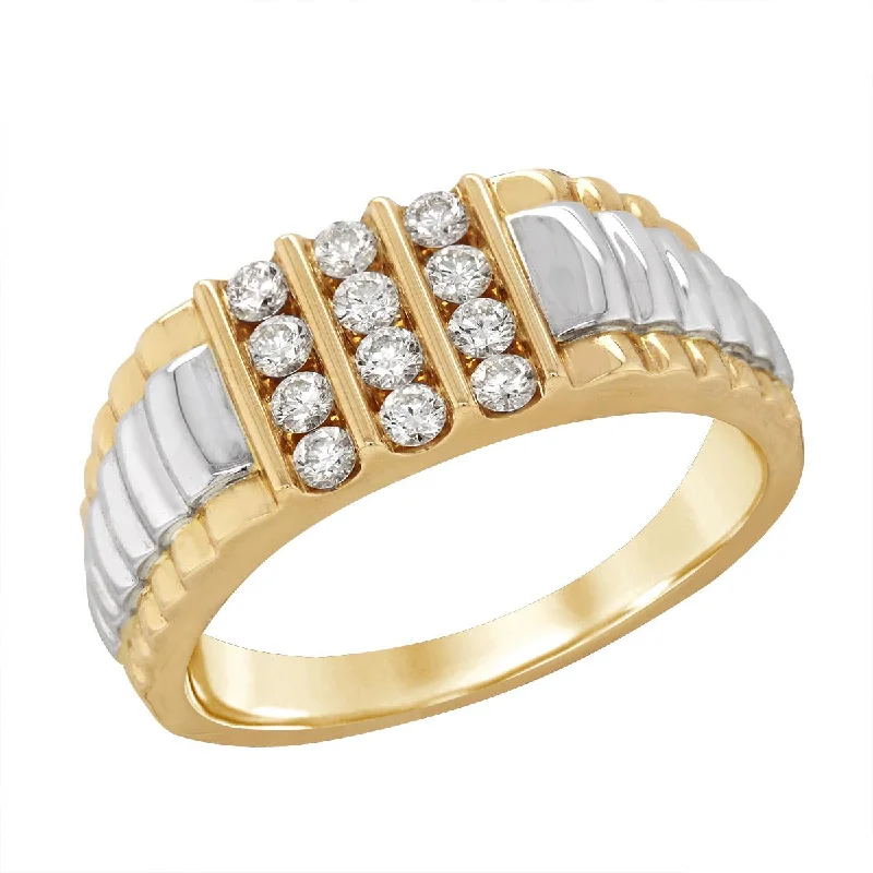 ladies adjustable rings-MENS TWO-TONE GOLD RING WITH ROLEX STYLE BAND AND ROWS OF DIAMONDS, .50 CT TW