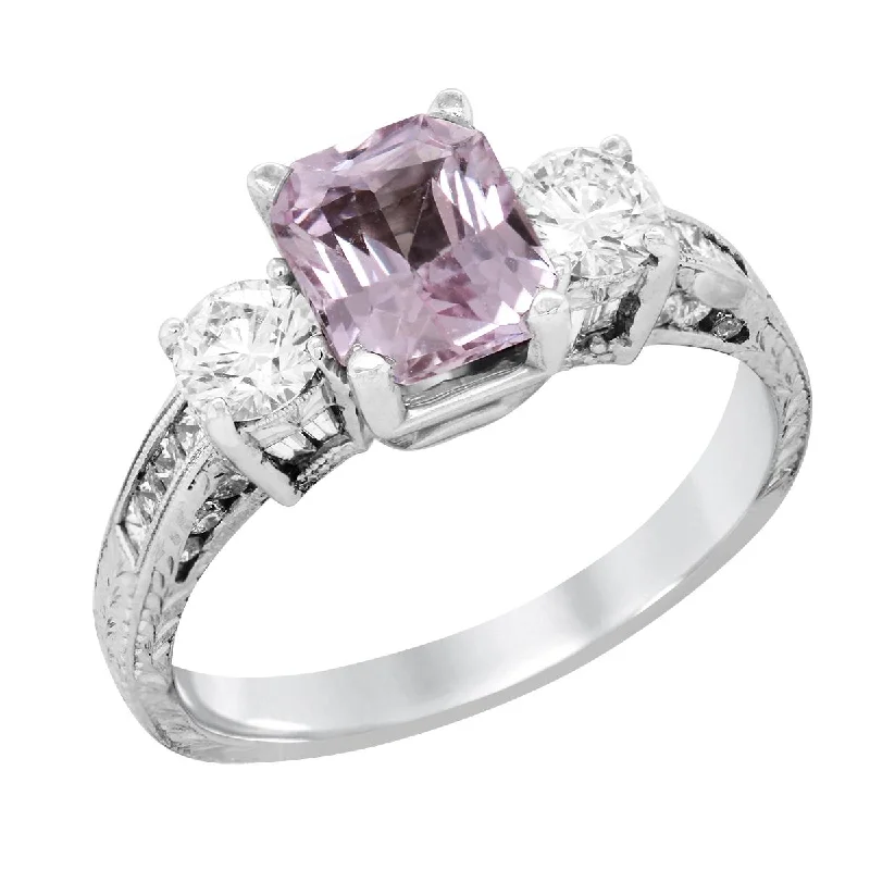 ladies rings with moonstone-WHITE GOLD RING WITH FANCY PINK SAPPHIRE AND DIAMONDS, 1.00 CT TW