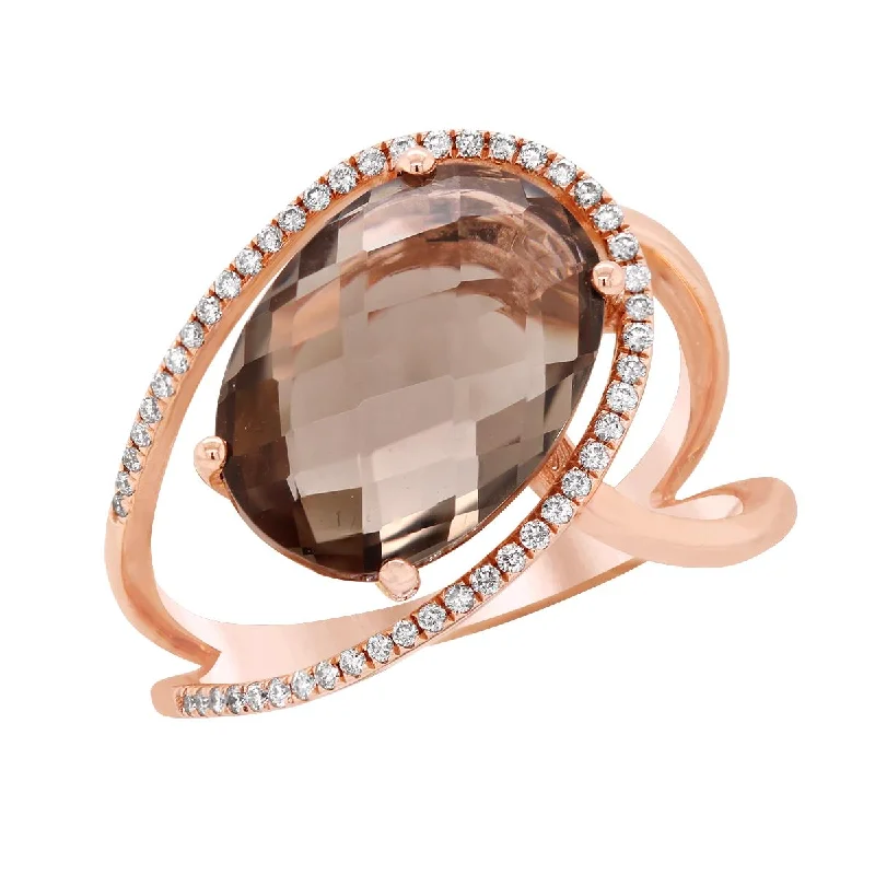 vintage style ladies rings-ROSE GOLD FASHION RING WITH SMOKY TOPAZ CENTER AND SIDE DIAMONDS, .14 CT TW