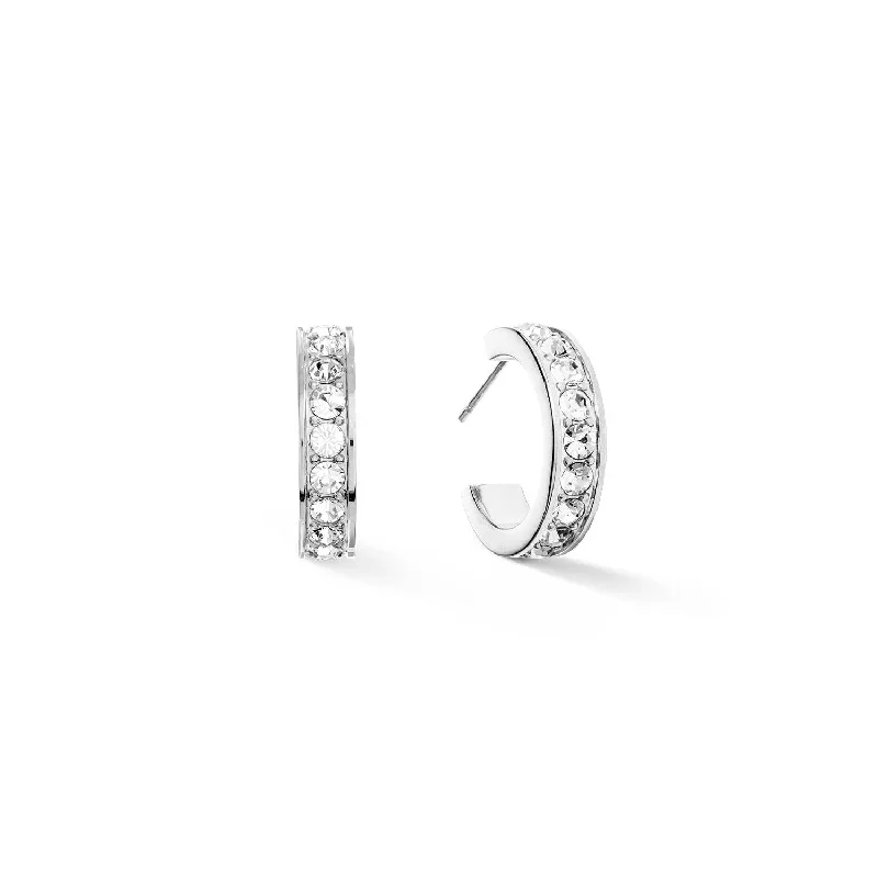 beautiful drop earrings for ladies-Coeur De Lion 20mm Crystal Hoop Earrings - Silver & White