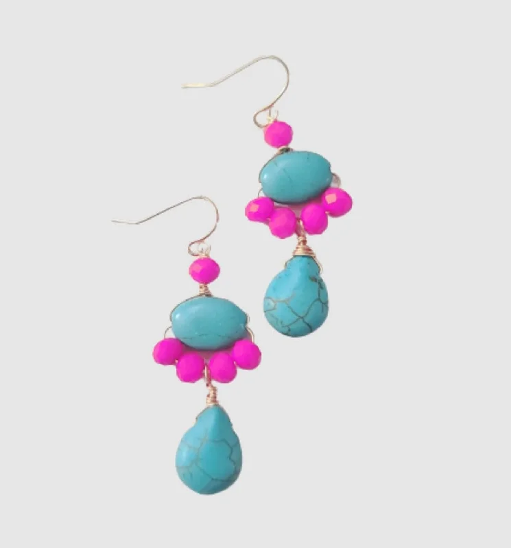 large statement earrings for ladies-Turquoise Floral Drop Earrings