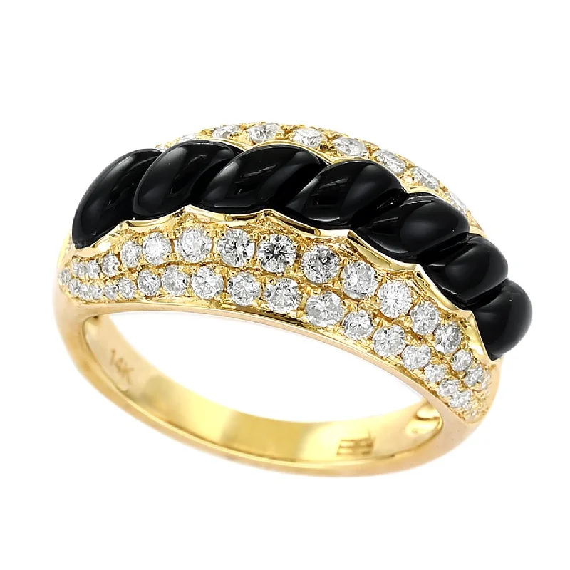 cubic zirconia ladies rings-YELLOW GOLD FASHION RING WITH BLACK ONYX AND SIDE DIAMONDS, 1.00 CT TW