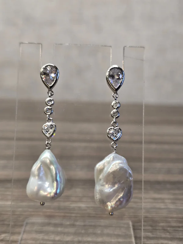 women’s pearl drop earrings-Silver Pear Shape Cubic Zirconia Flat Pearl Drop Earrings