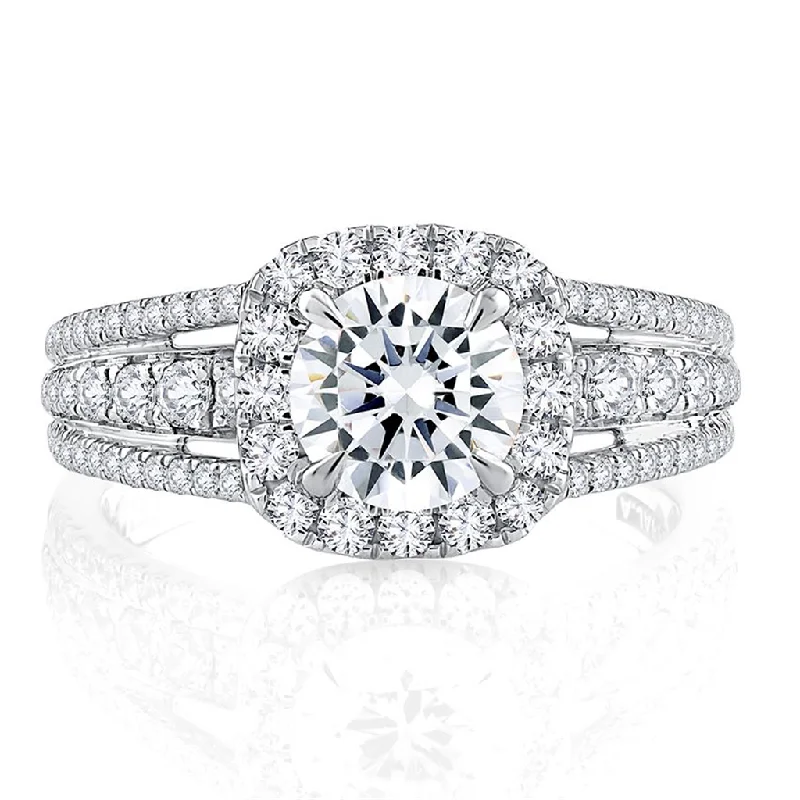 women’s engagement rings with halos-14K White Gold Triple Split Shank Halo Round Cut Diamond Engagement Ring