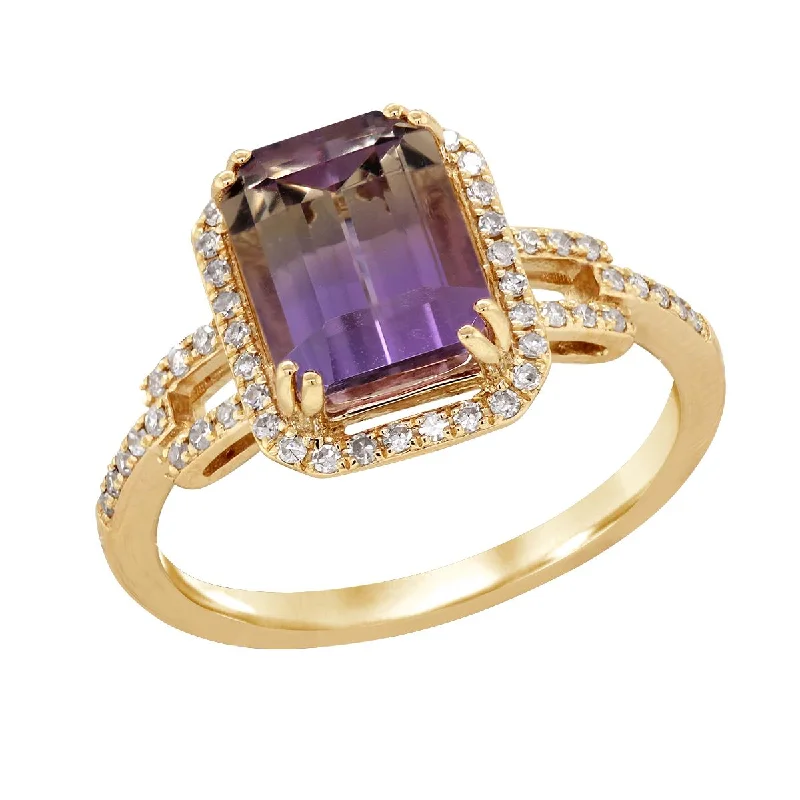 sterling silver rings for ladies-YELLOW GOLD FASHION RING WITH AMETRINE AND DIAMONDS, .20 CT TW