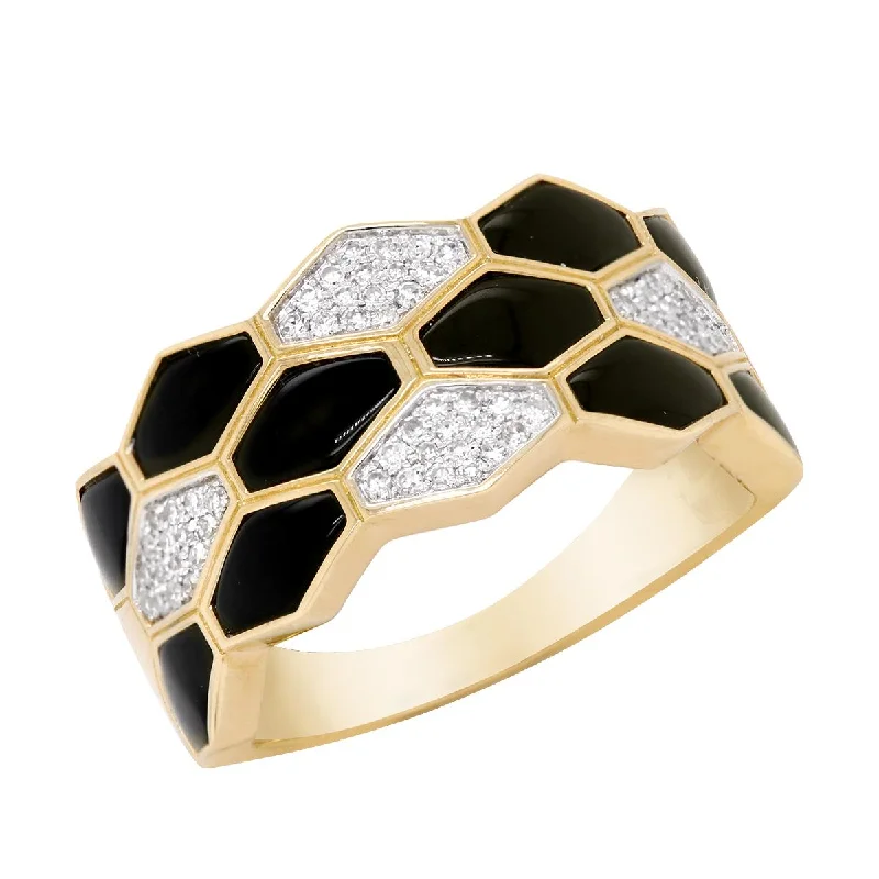 personalized rings for ladies-YELLOW GOLD BLACK ONYX AND DIAMOND STATEMENT RING, .19 CT TW