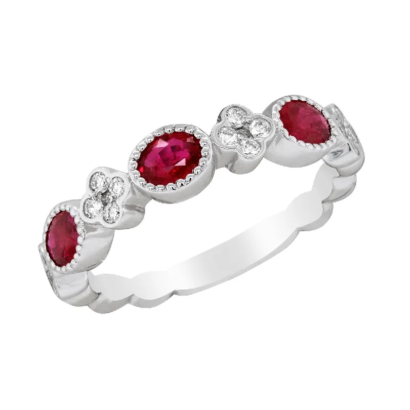 ladies rings for every occasion-WHITE GOLD FASHION RING WITH OVAL CUT RUBIES AND ROUND DIAMONDS, .19 CT TW