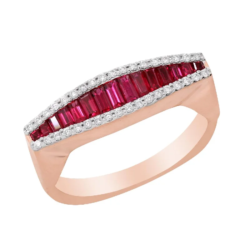 gemstone ladies rings-ROSE GOLD FASHION RING WITH BAGUETTE RUBIES AND ROUND DIAMONDS, .13 CT TW