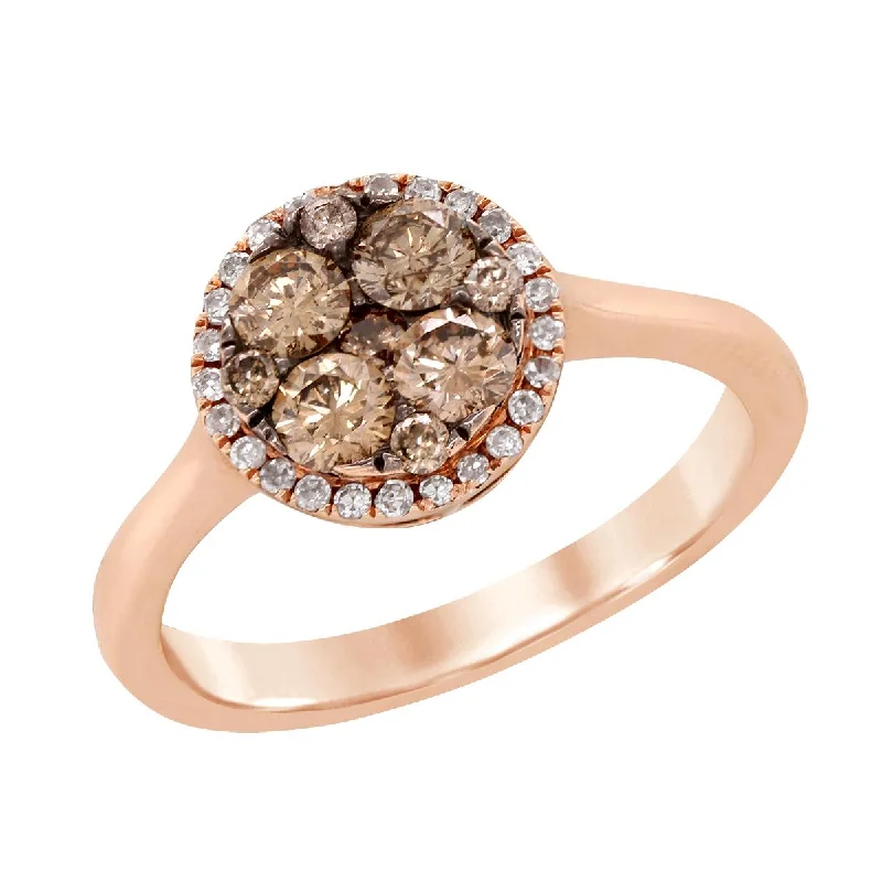 personalized name rings for ladies-ROSE GOLD FASHION RING WITH BROWN DIAMOND CLUSTER SETTING AND HALO, .69 CT TW