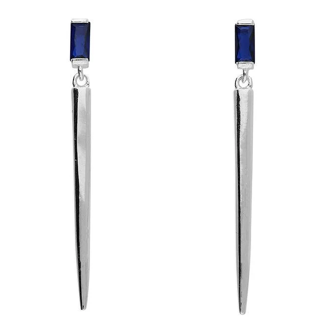 silver hoop earrings with diamonds-Silver Cone Drop Stud Earrings with Sapphire Blue Crystal