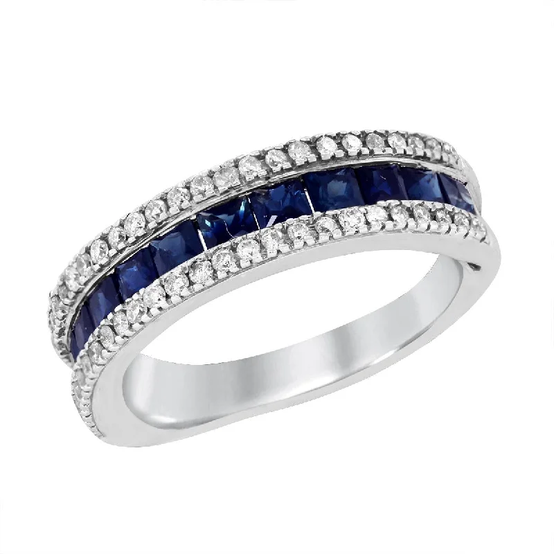 sterling silver ladies rings-WHITE GOLD RING WITH PRINCESS CUT SAPPHIRES AND ROUND DIAMONDS, 1/2 CT TW